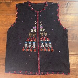 Christmas Sweater Vest Womens Size XL Black Beaded Sequin Zippered Vintage